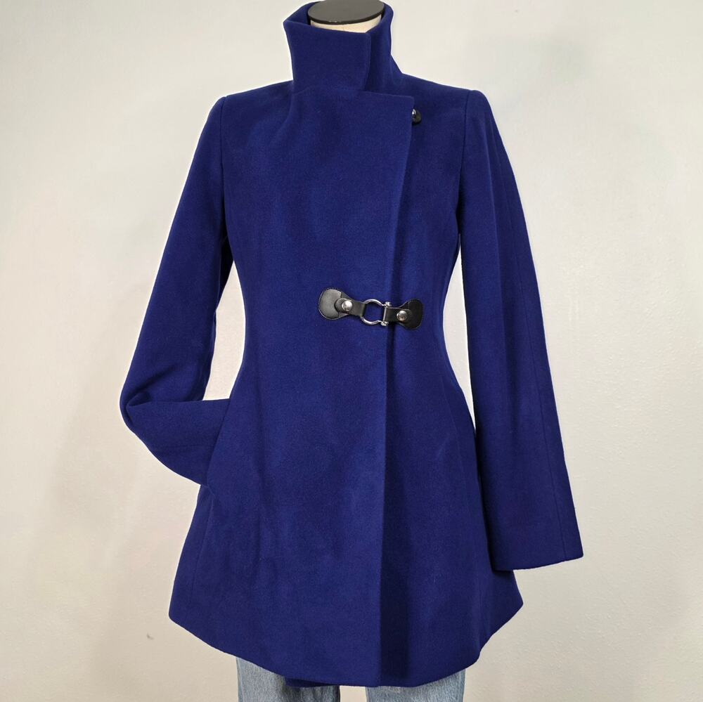 HiSO Blue Wool Cashmere Funnel Neck Coat Womens Size 2 Made in Canada